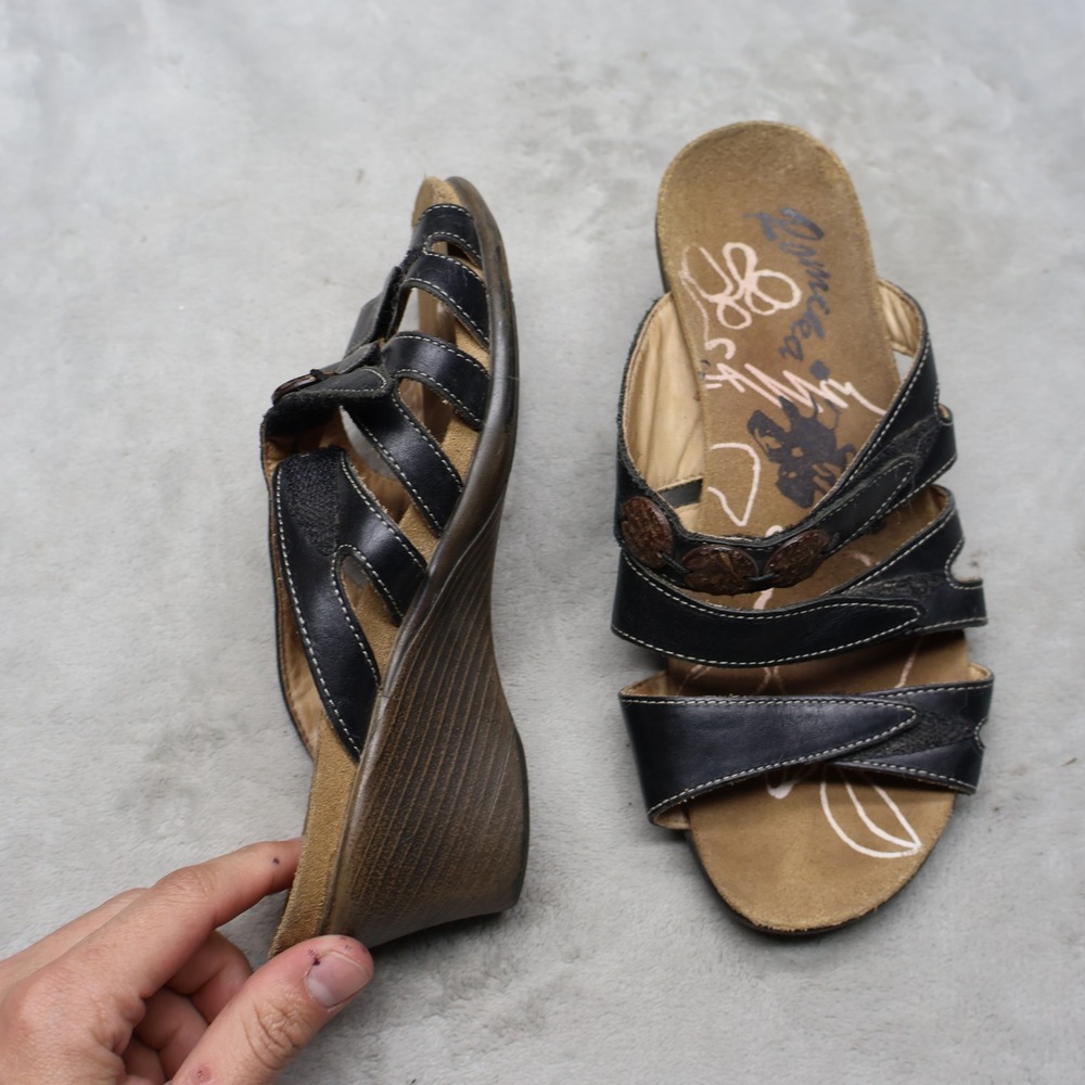 Romika Womens 5.5 EU36 Wedge Sandals Black Maui 01 Leather Strappy Comfort Slide